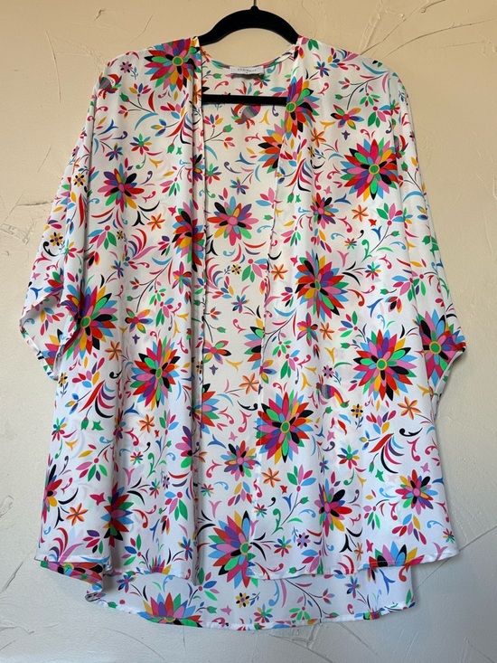 Adrienne Sweaters - Adrienne Bright Floral Open Kimono Cardigan - Multicolor on White